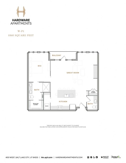 Floor plan for 1 bed, 1.5 baths, 1120 sqft